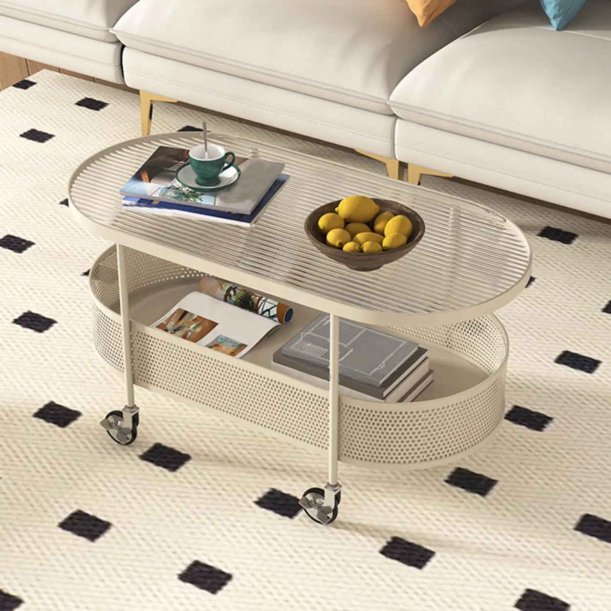 Off-White Reeded Glass Oval Coffee Table with Wheels