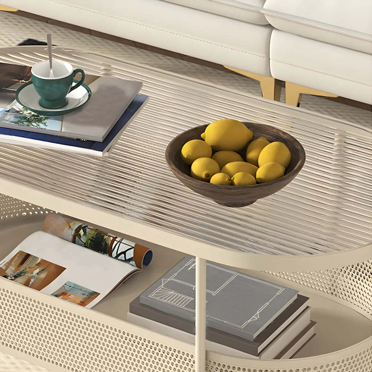 Off-White Reeded Glass Oval Coffee Table with Wheels