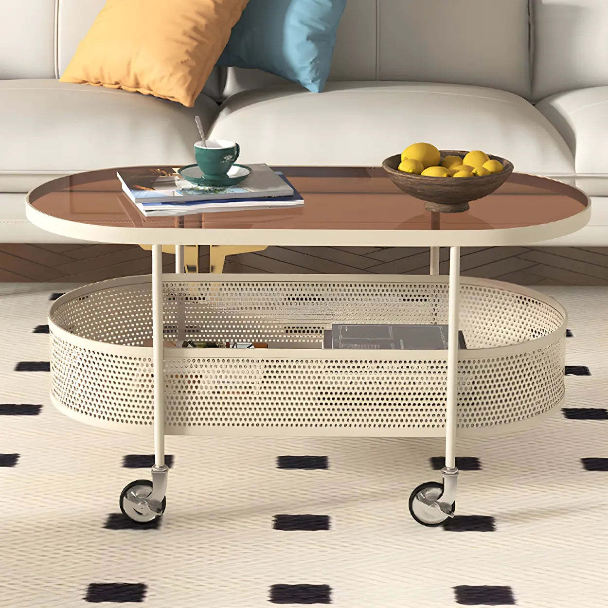 Off-White Reeded Glass Oval Coffee Table with Wheels