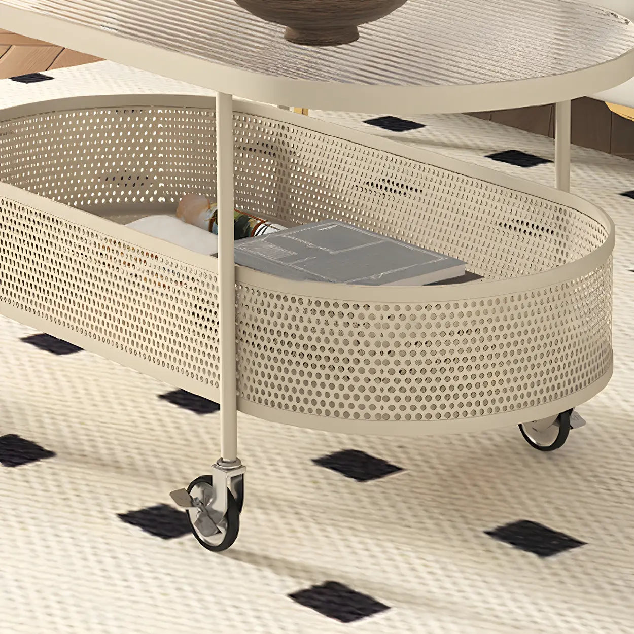 Off-White Reeded Glass Oval Coffee Table with Wheels