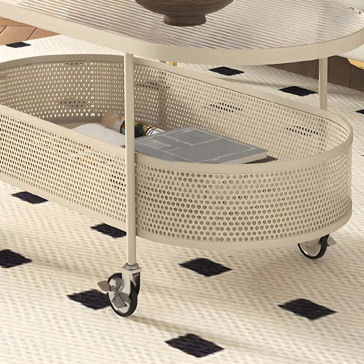 Off-White Reeded Glass Oval Coffee Table with Wheels