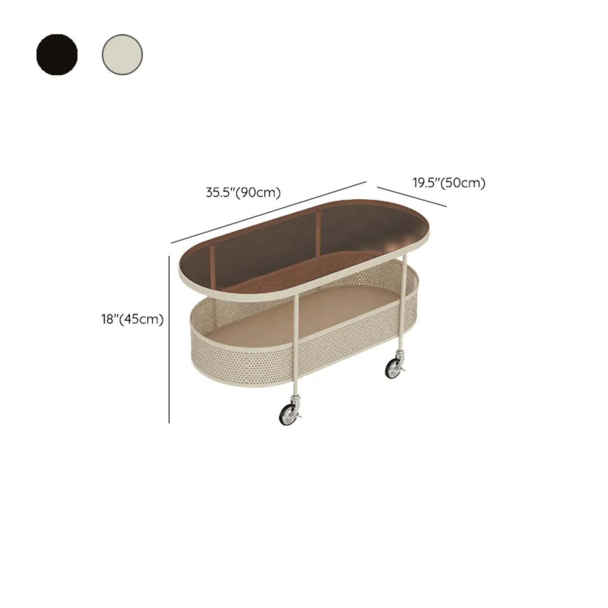 Off-White Reeded Glass Oval Coffee Table with Wheels