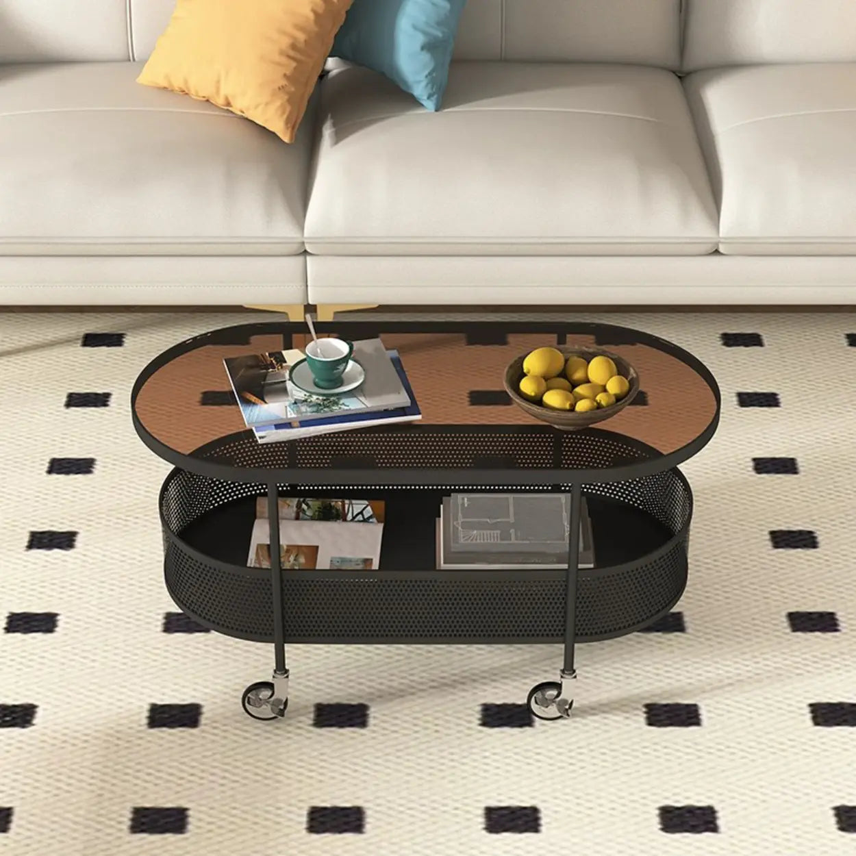Off-White Reeded Glass Oval Coffee Table with Wheels — Black / Cranberry Glass