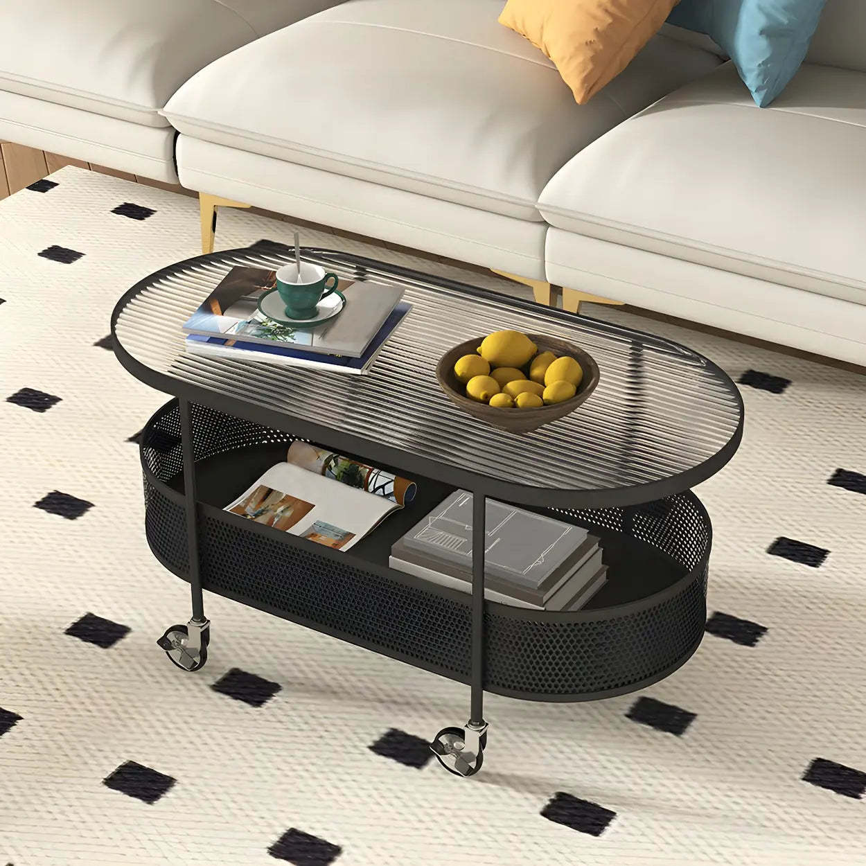 Off-White Reeded Glass Oval Coffee Table with Wheels — Off-White / Reeded Glass
