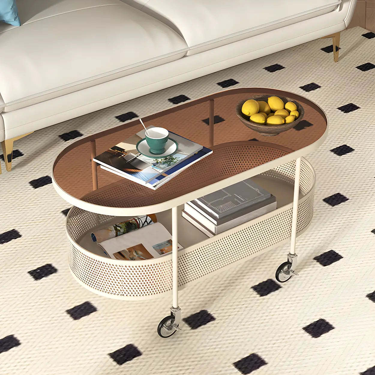 Off-White Reeded Glass Oval Coffee Table with Wheels — Off-White / Cranberry Glass