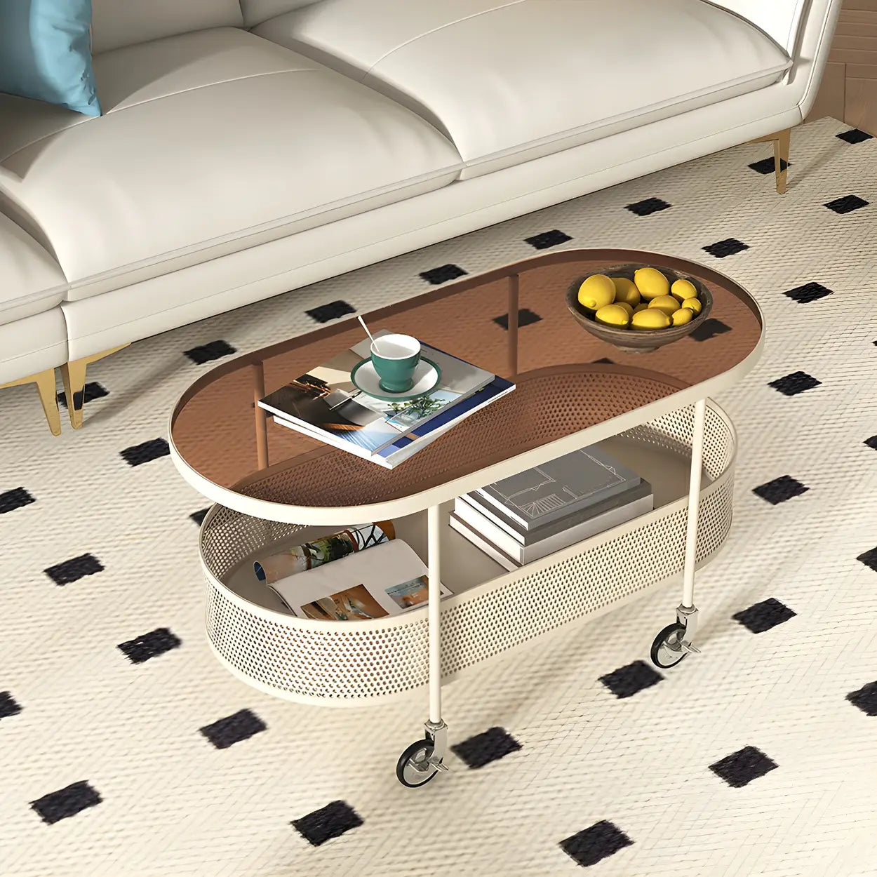 Off-White Reeded Glass Oval Coffee Table with Wheels