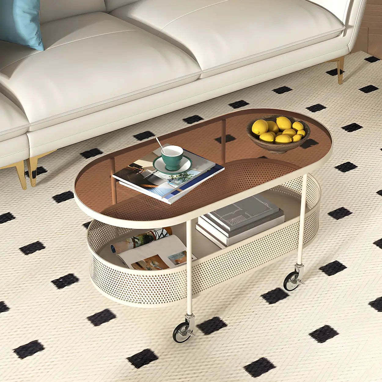 Off-White Reeded Glass Oval Coffee Table with Wheels