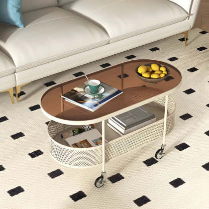 Off-White Reeded Glass Oval Coffee Table with Wheels