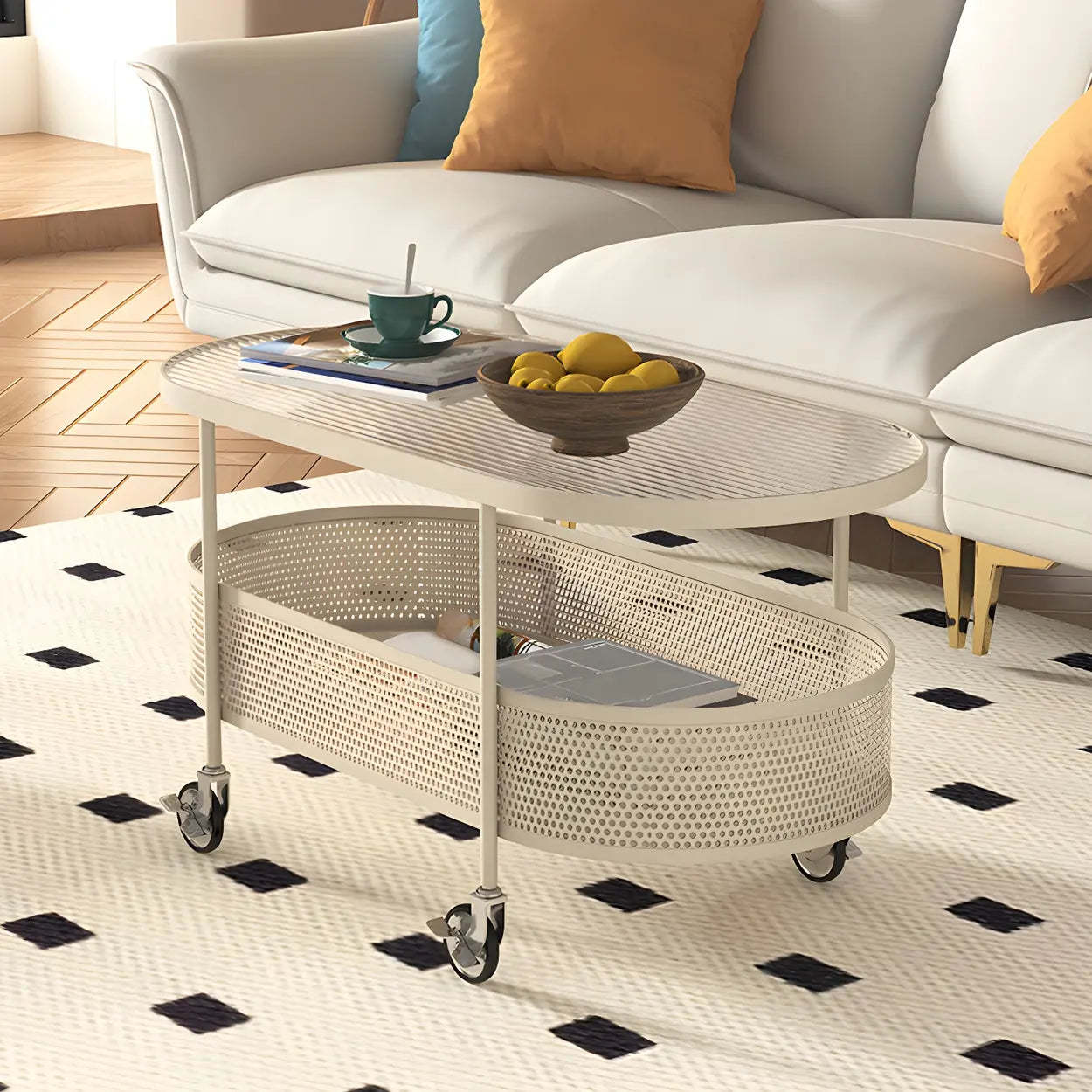 Off-White Reeded Glass Oval Coffee Table with Wheels