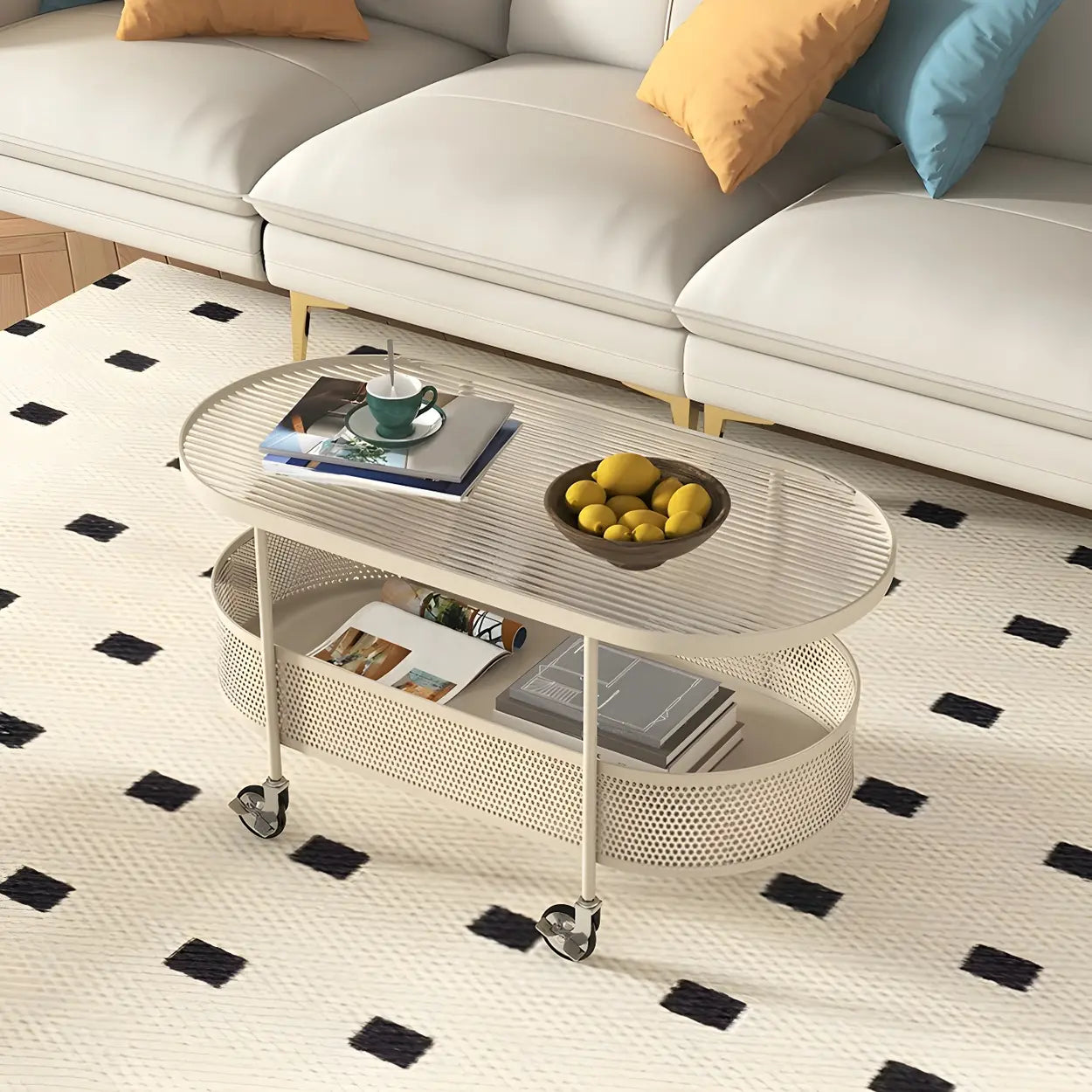Off-White Reeded Glass Oval Coffee Table with Wheels