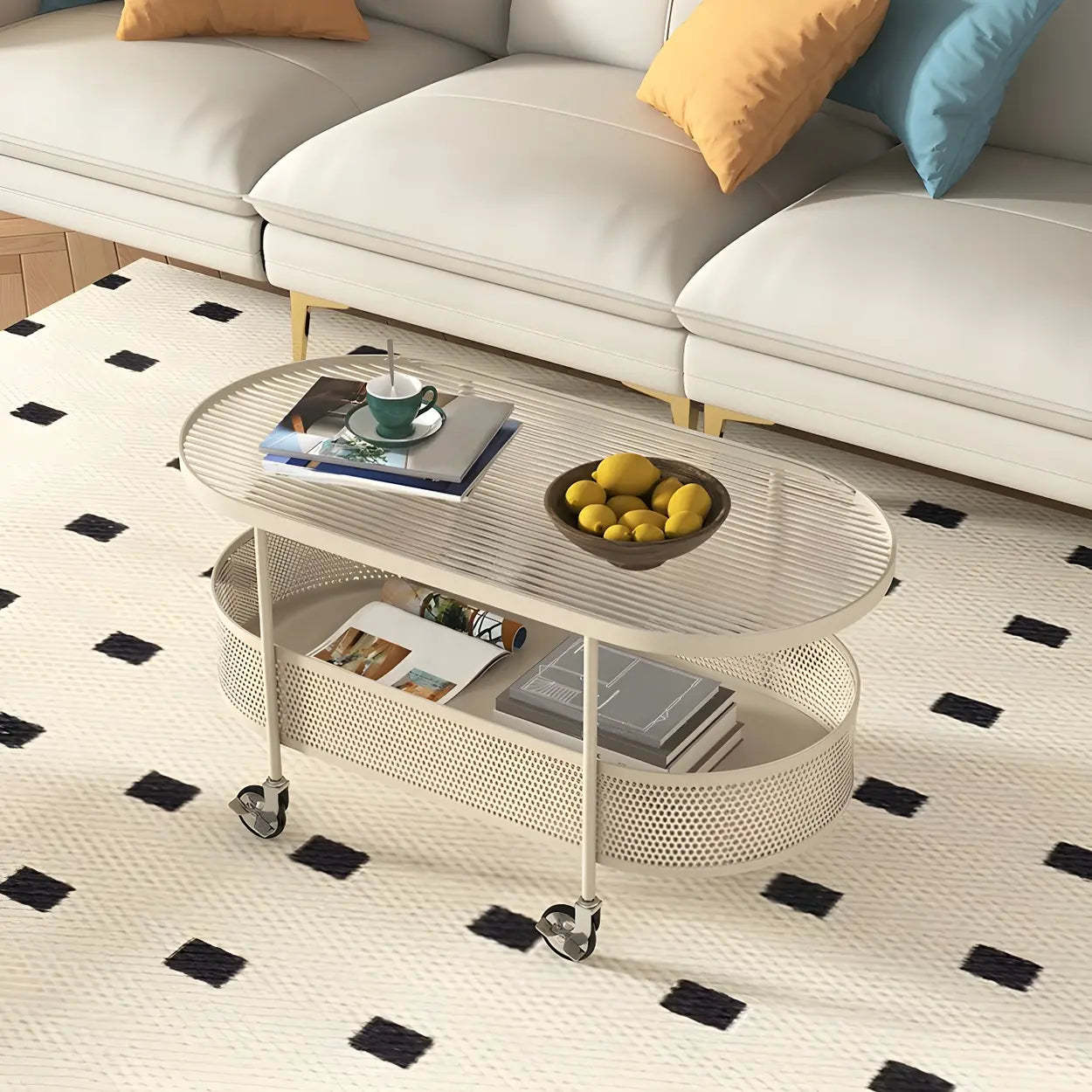 Off-White Reeded Glass Oval Coffee Table with Wheels