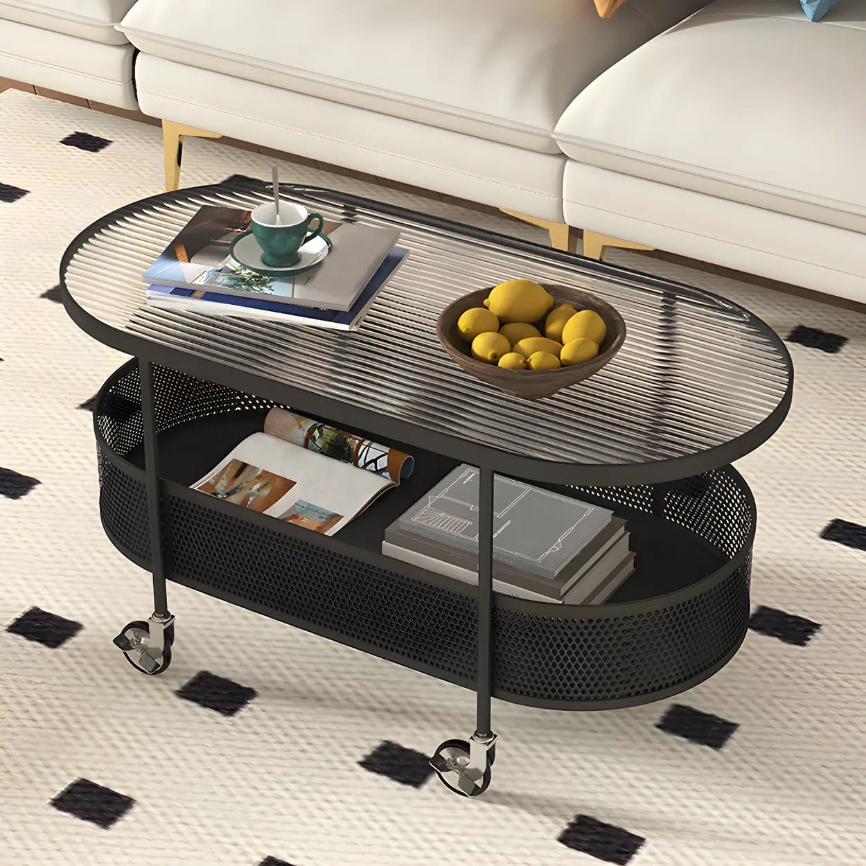 Off-White Reeded Glass Oval Coffee Table with Wheels