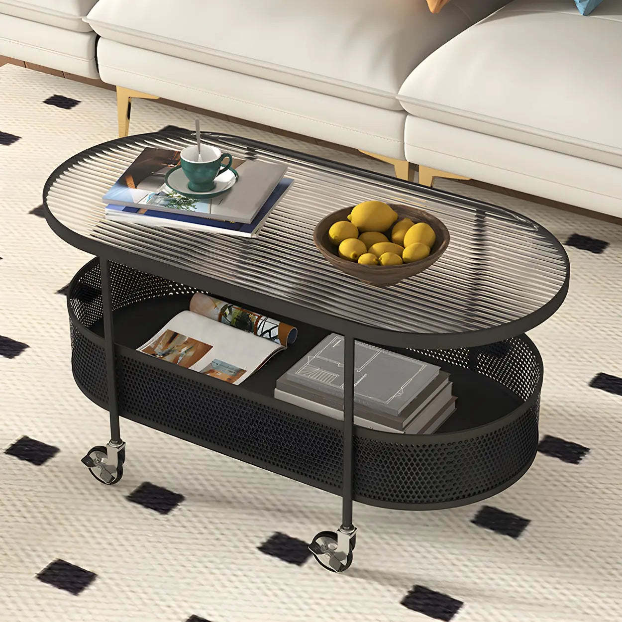 Off-White Reeded Glass Oval Coffee Table with Wheels