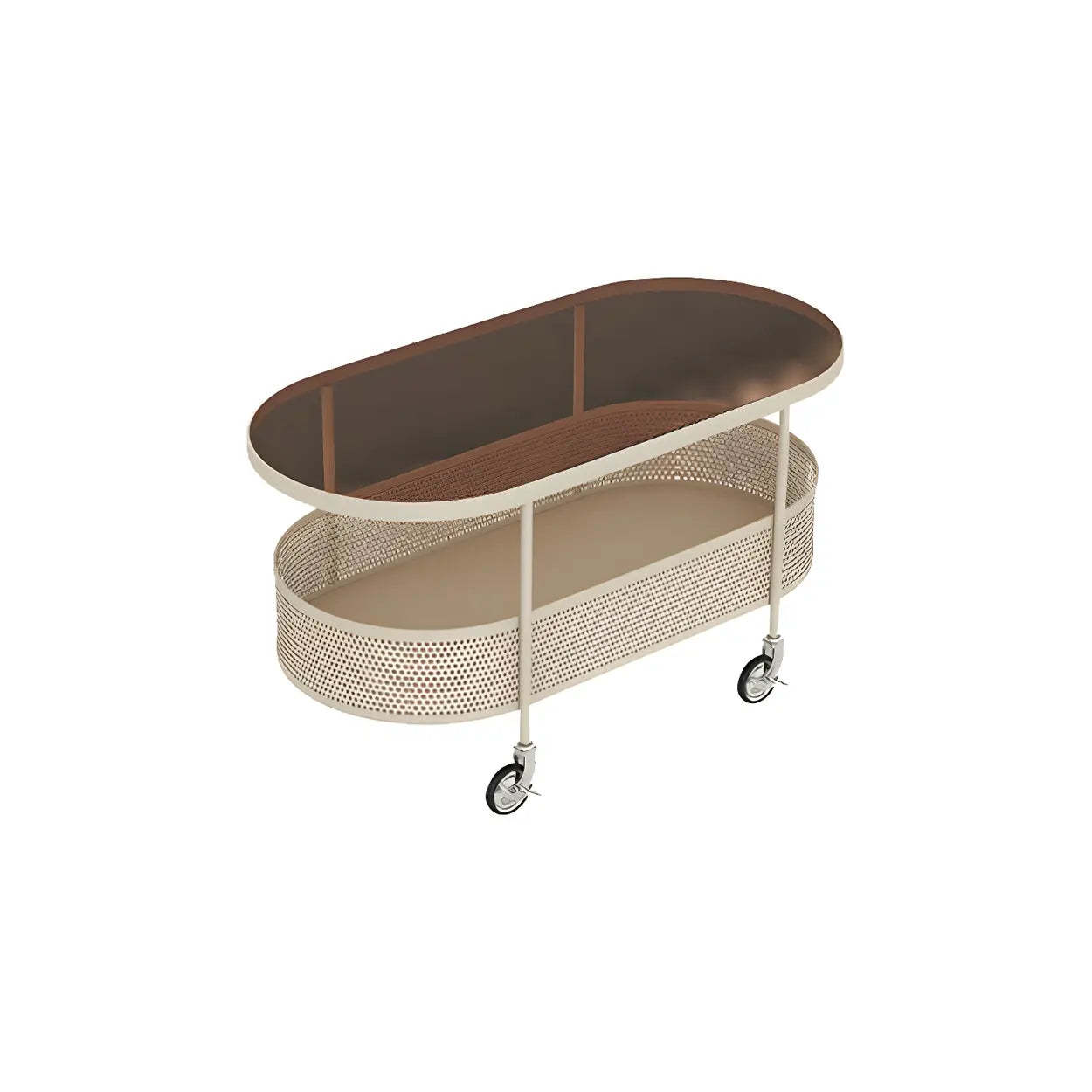 Off-White Reeded Glass Oval Coffee Table with Wheels
