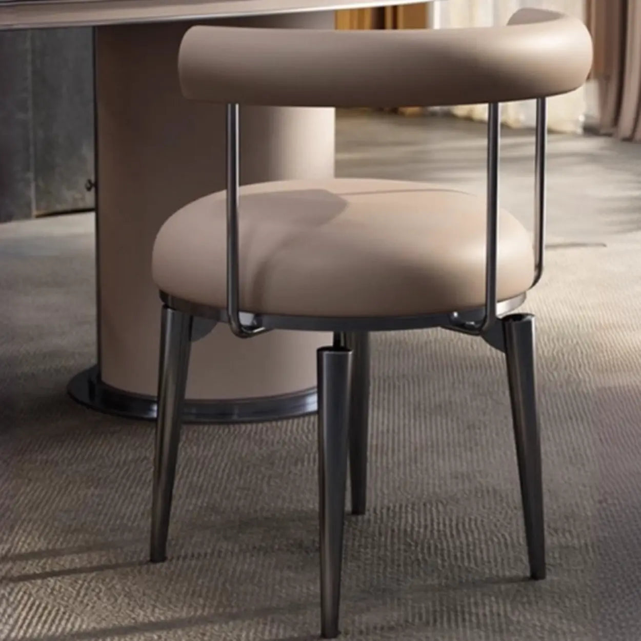 Off-White Round Leather Curved-Back Metal Dining Chair