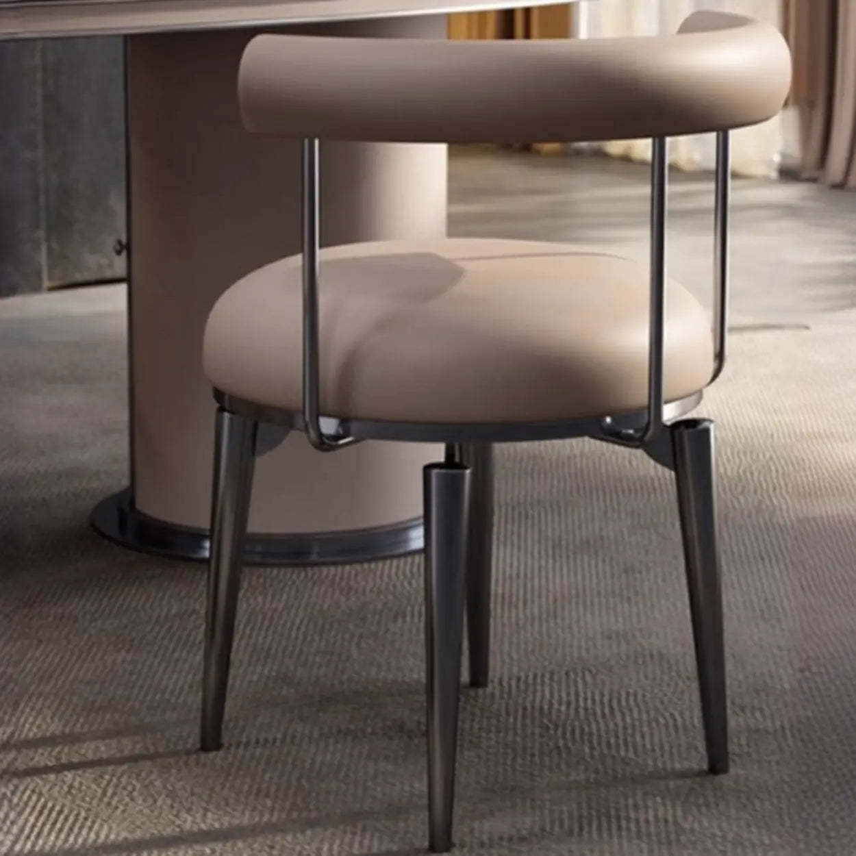 Off-White Round Leather Curved-Back Metal Dining Chair