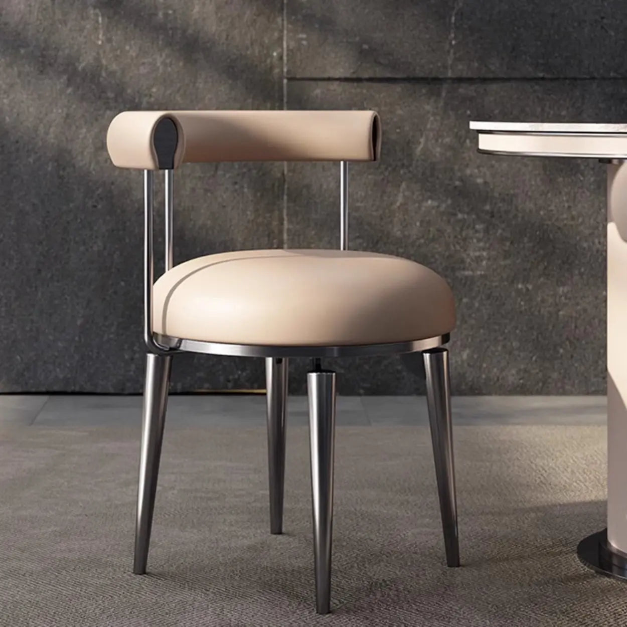 Off-White Round Leather Curved-Back Metal Dining Chair — Gold