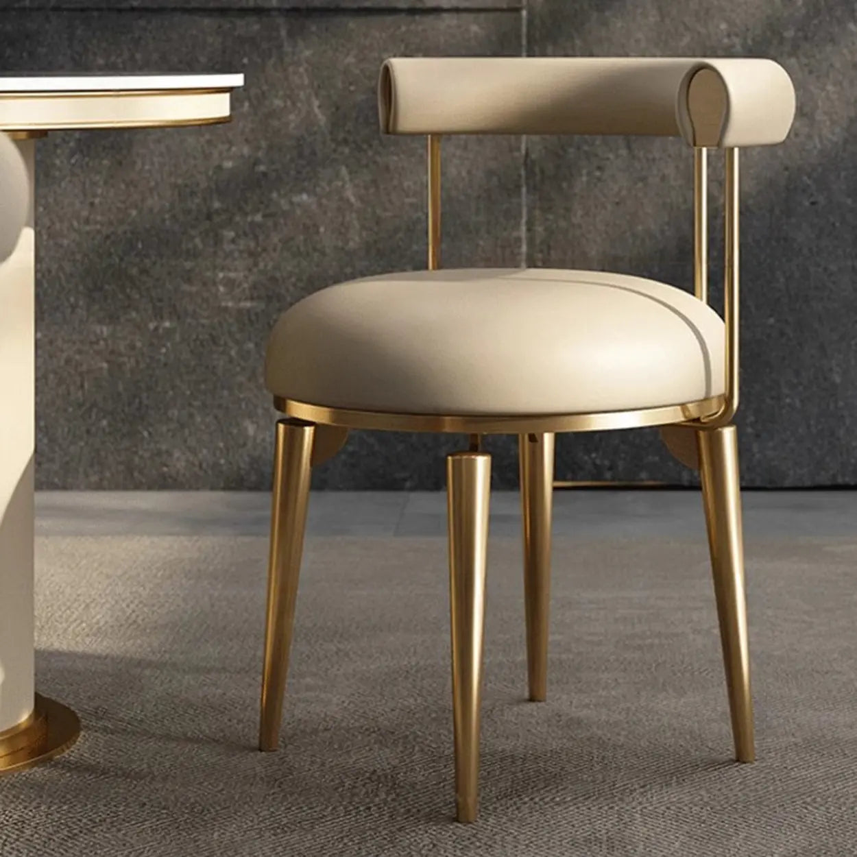 Off-White Round Leather Curved-Back Metal Dining Chair