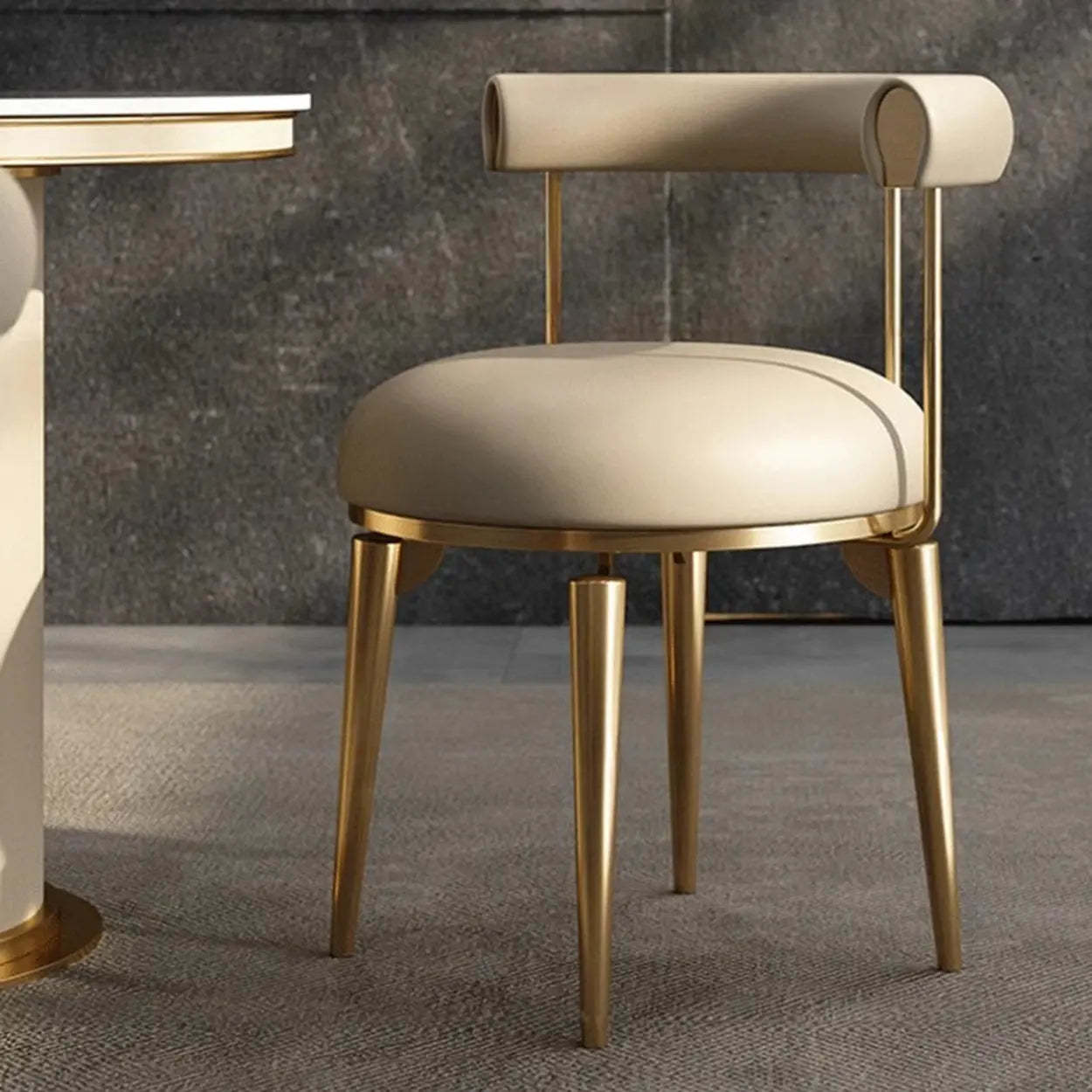 Off-White Round Leather Curved-Back Metal Dining Chair — Silver