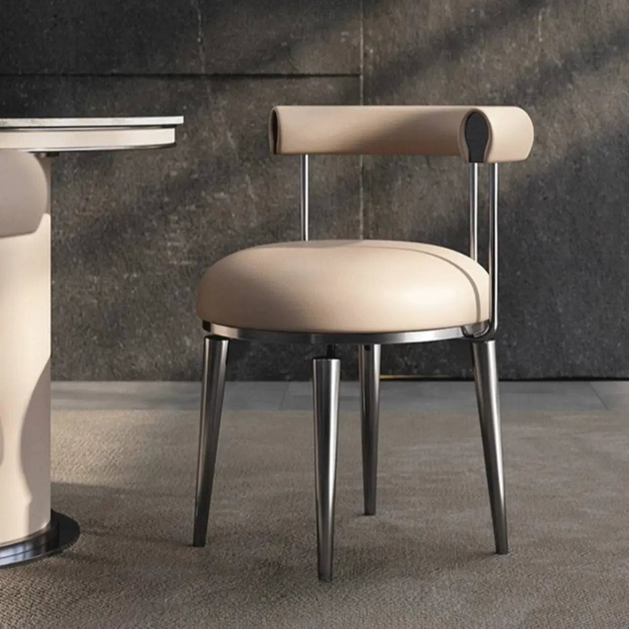 Off-White Round Leather Curved-Back Metal Dining Chair