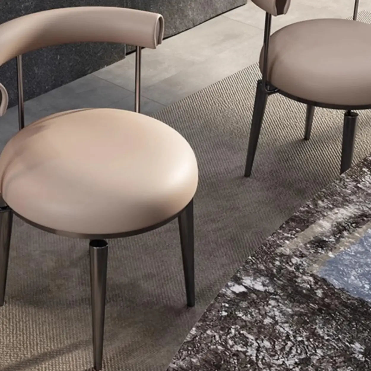 Off-White Round Leather Curved-Back Metal Dining Chair
