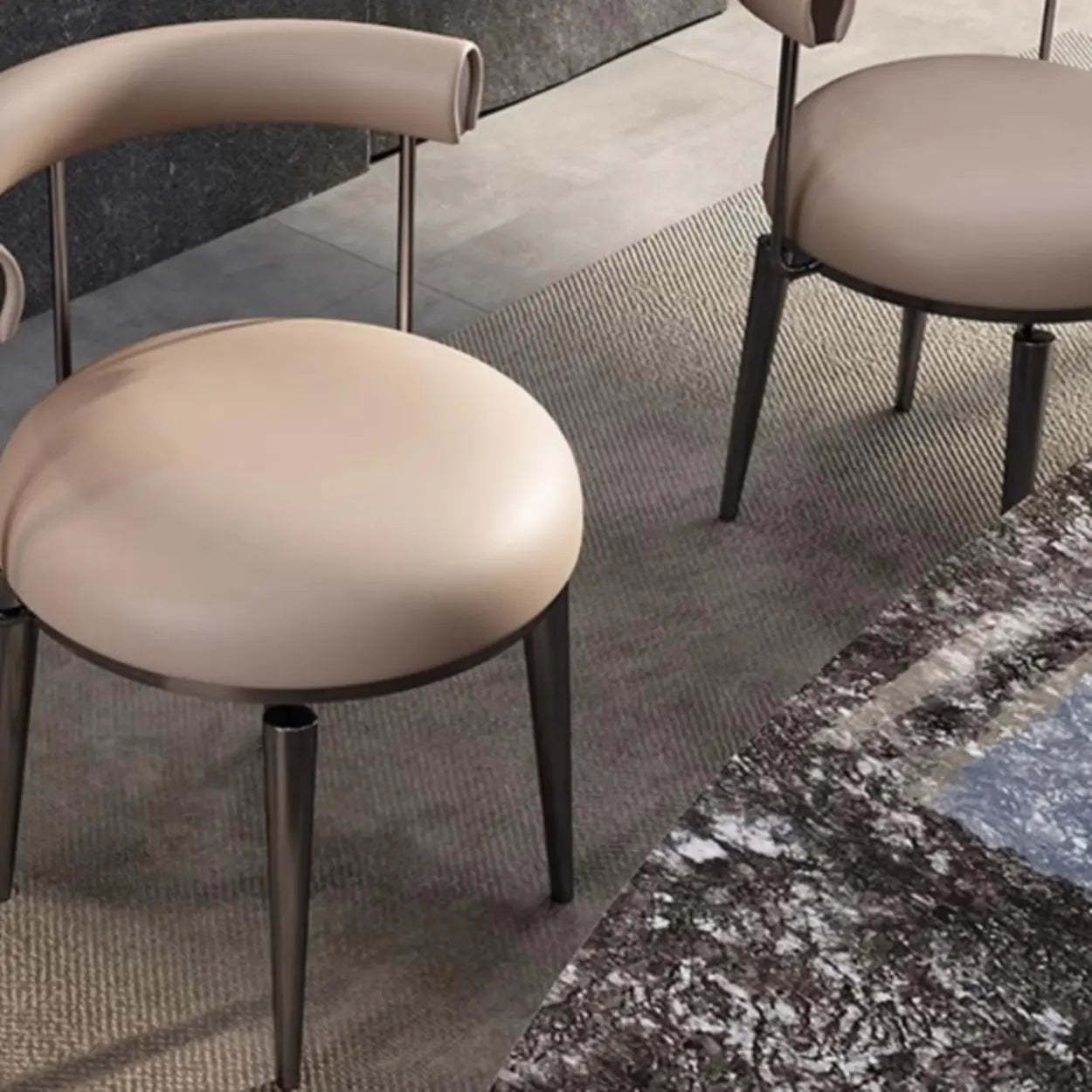 Off-White Round Leather Curved-Back Metal Dining Chair