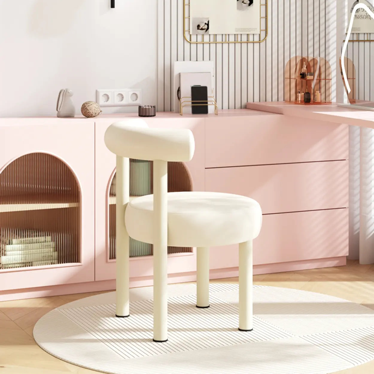 Off-White Round Curved-Back Vanity Stool — Off-White