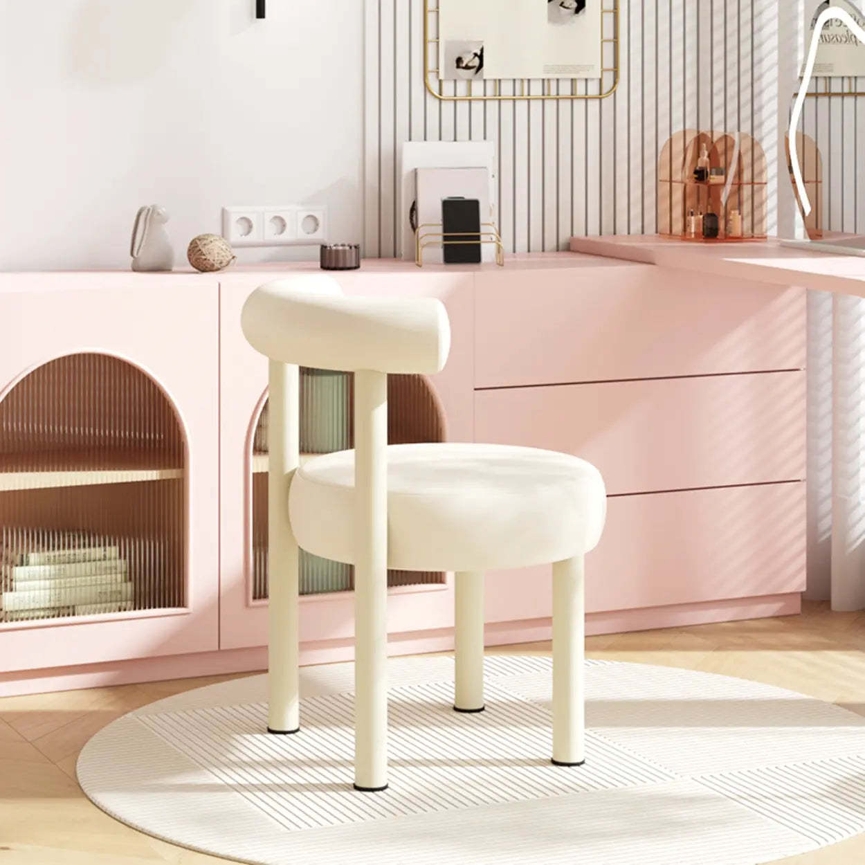 Off-White Round Curved-Back Vanity Stool — Off-White