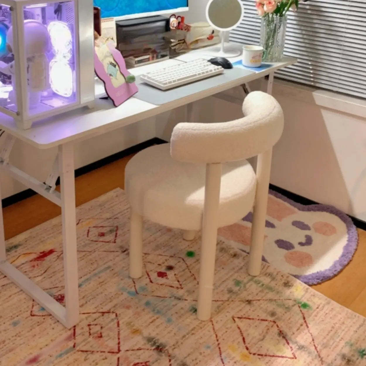Off-White Round Curved-Back Vanity Stool — Orange Red