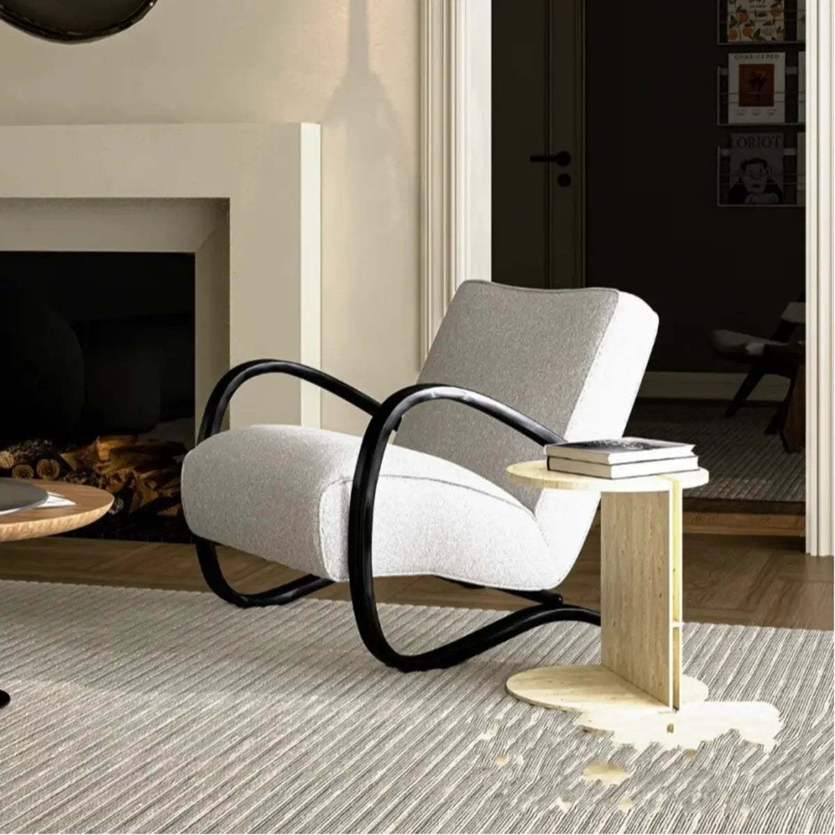 Off-White Sherpa Fill Wood Arm Chair — Off-White / Sherpa