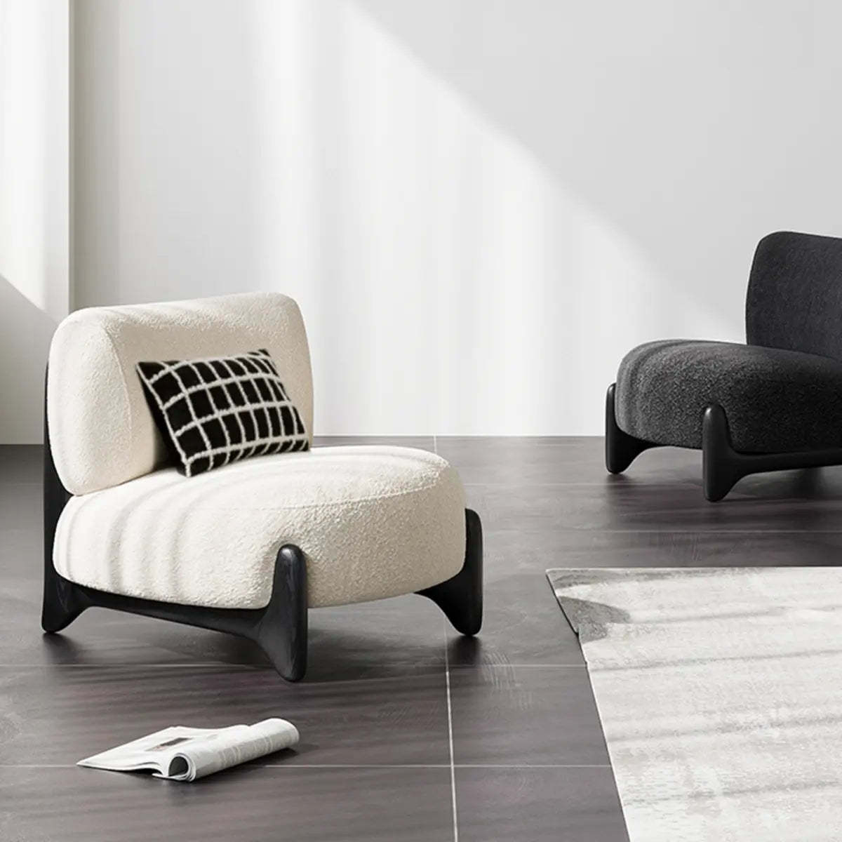 Off-White Sherpa Pillow Back Ash Wood Accent Chair — Black / Sherpa / Solid Wood