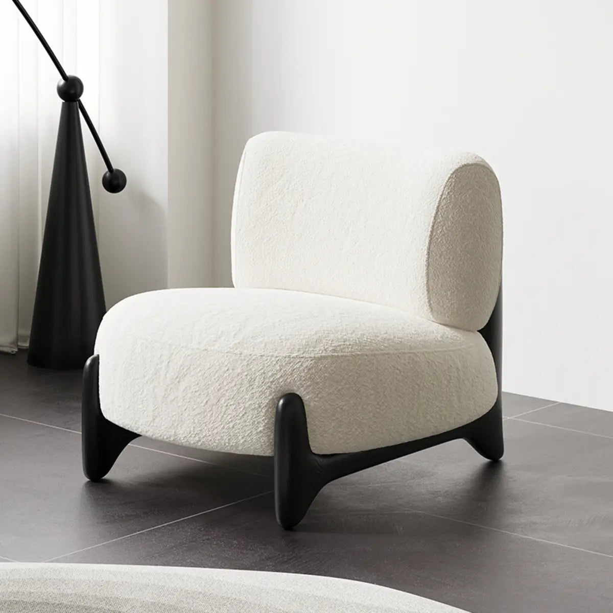 Off-White Sherpa Pillow Back Ash Wood Accent Chair — Black and White / Jacquard Fabric / Solid Wood