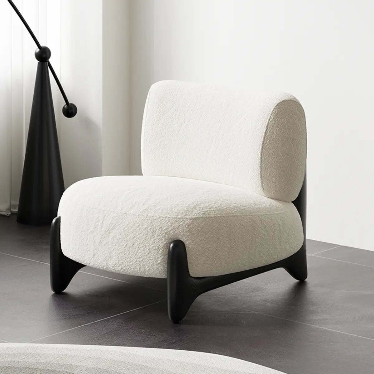 Off-White Sherpa Pillow Back Ash Wood Accent Chair — Black and White / Jacquard Fabric / Solid Wood