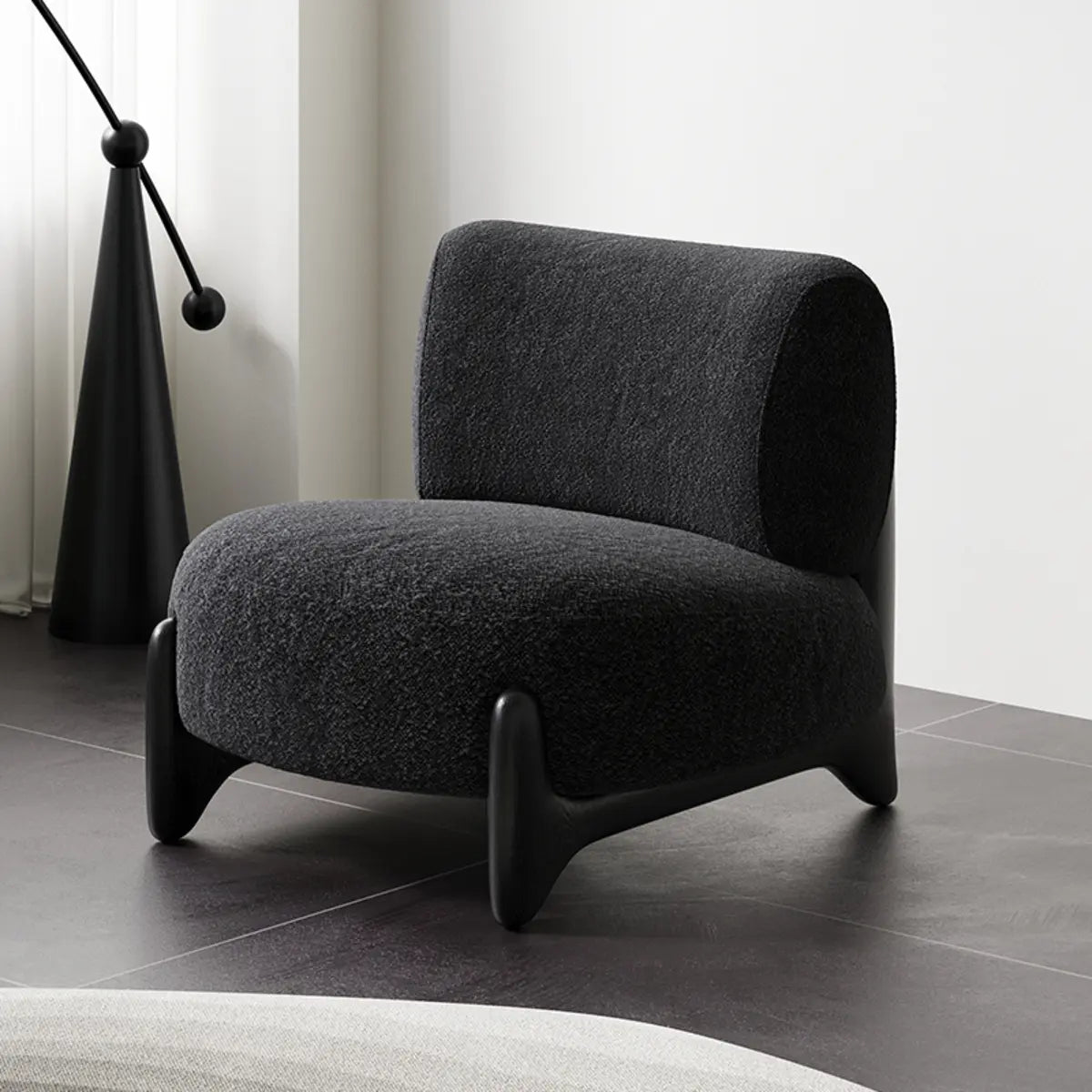 Off-White Sherpa Pillow Back Ash Wood Accent Chair — Black and White / Jacquard Fabric / Carbon Steel