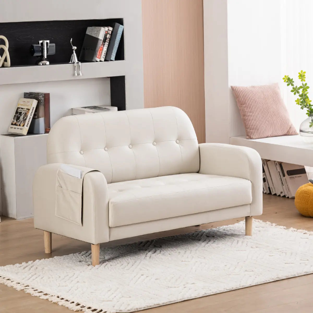 Off-White Square Arm Tufted Loose Back Chair — Dark Gray / Tech Cloth