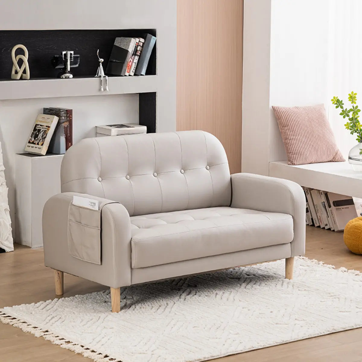 Off-White Square Arm Tufted Loose Back Chair — Light Blue / Tech Cloth