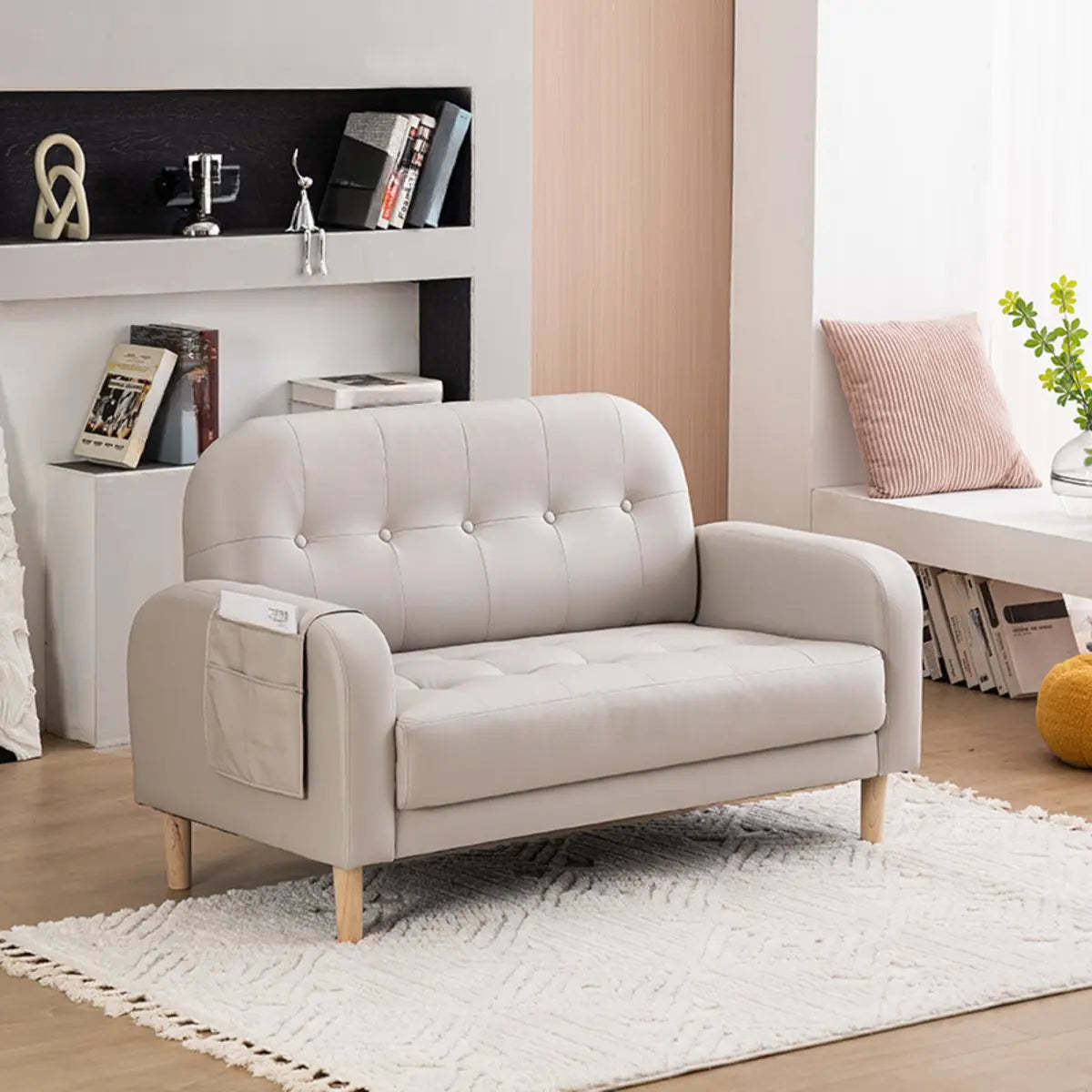 Off-White Square Arm Tufted Loose Back Chair — Light Blue / Tech Cloth