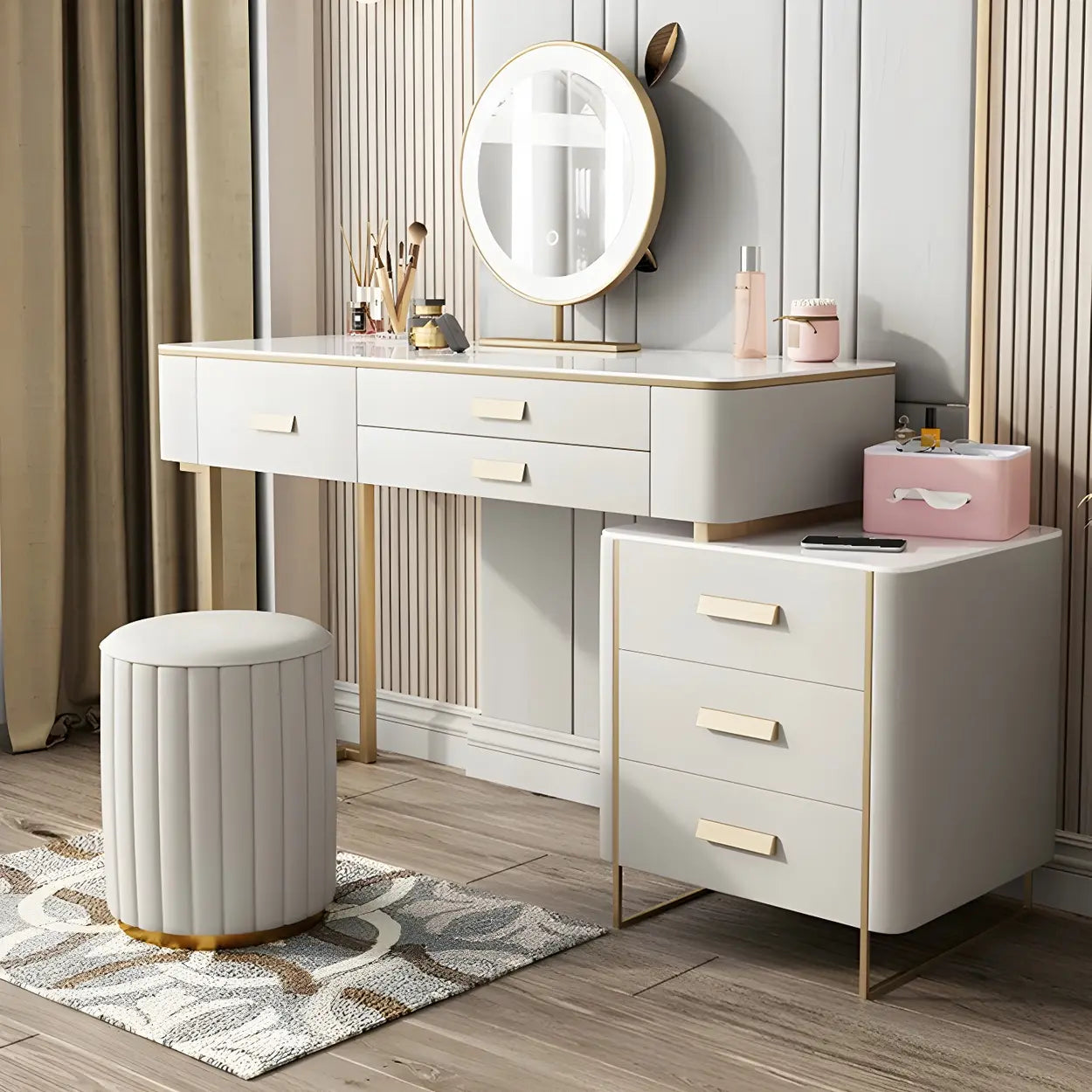 Off-White Stone-Top Wood Vanity with Drawers — Makeup Vanity