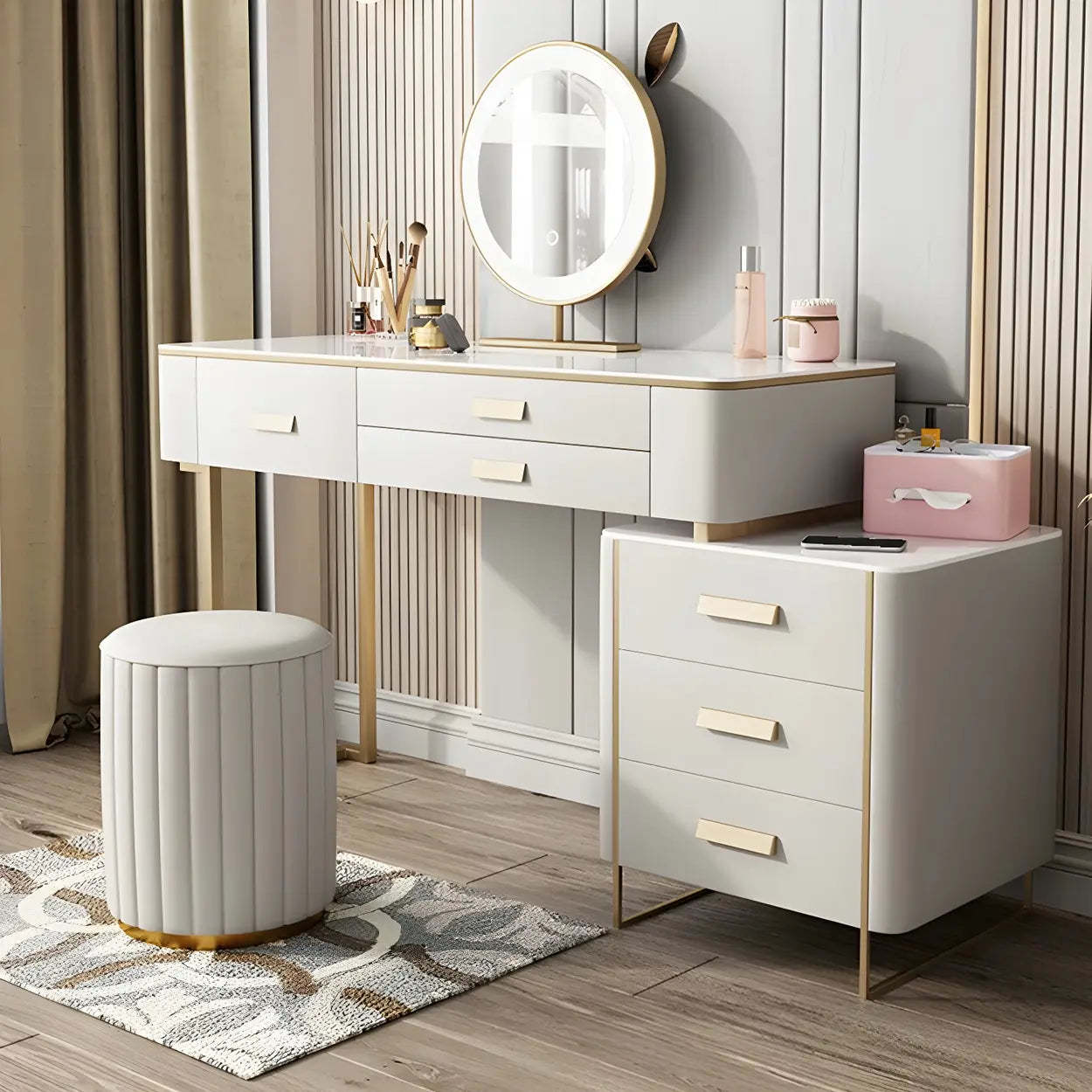 Off-White Stone-Top Wood Vanity with Drawers — Makeup Vanity