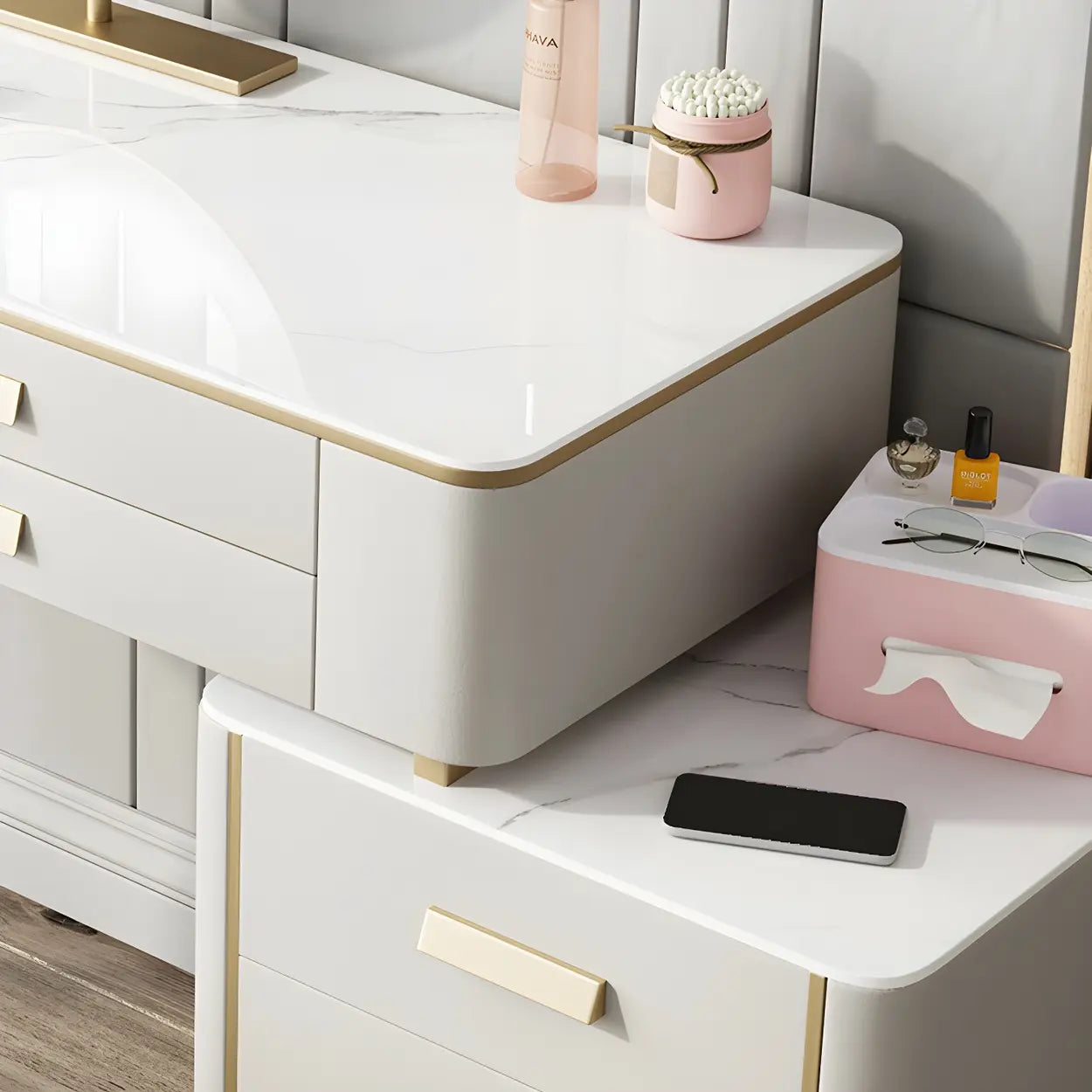 Off-White Stone-Top Wood Vanity with Drawers