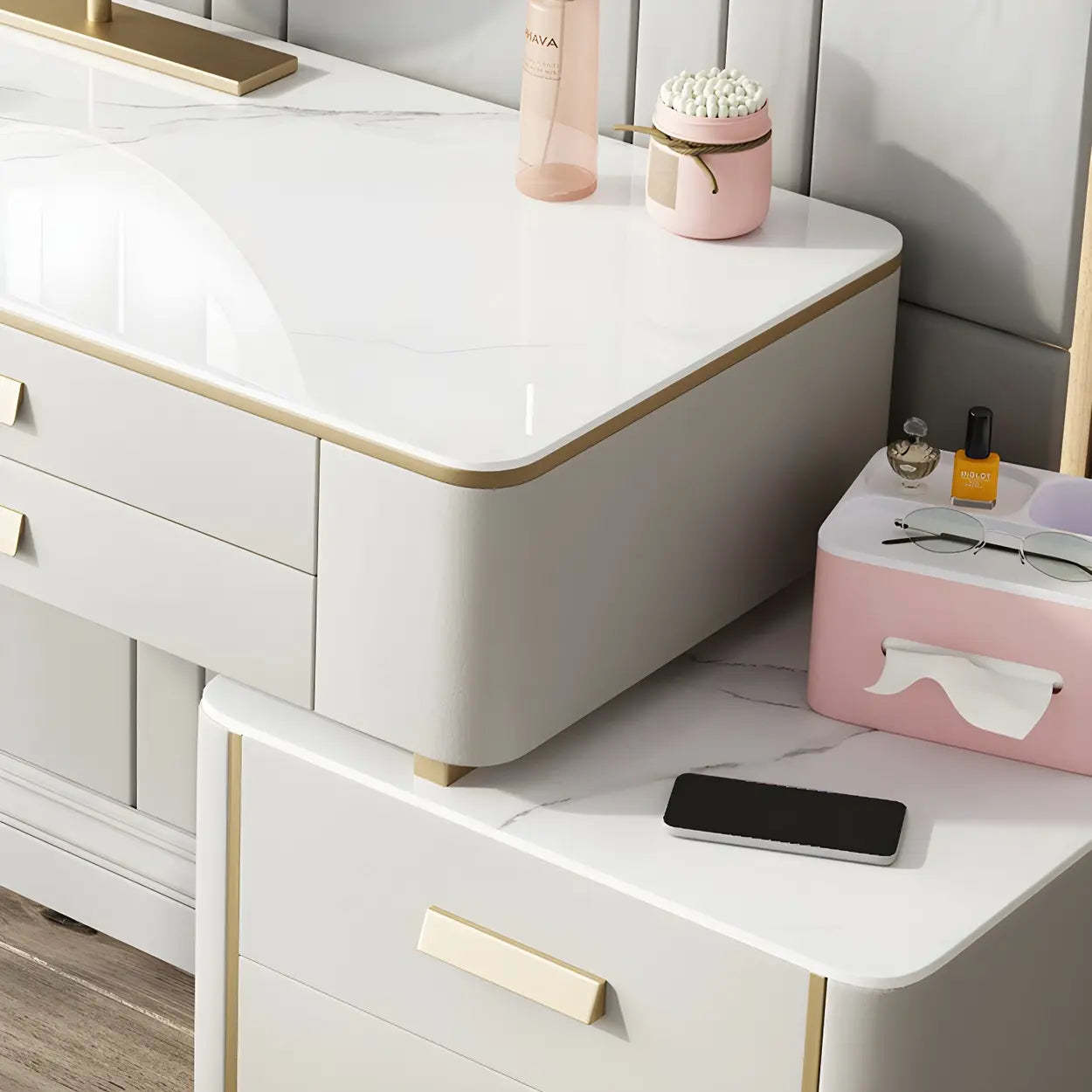 Off-White Stone-Top Wood Vanity with Drawers