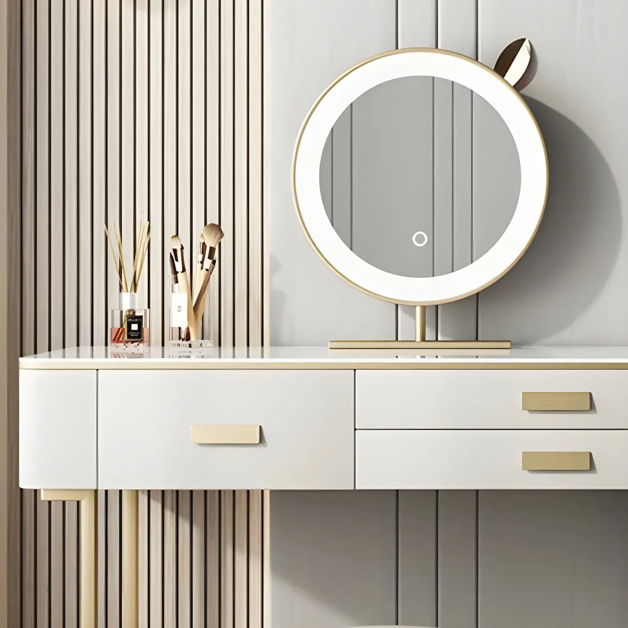 Off-White Stone-Top Wood Vanity with Drawers