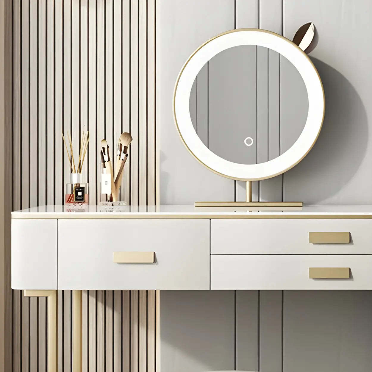 Off-White Stone-Top Wood Vanity with Drawers