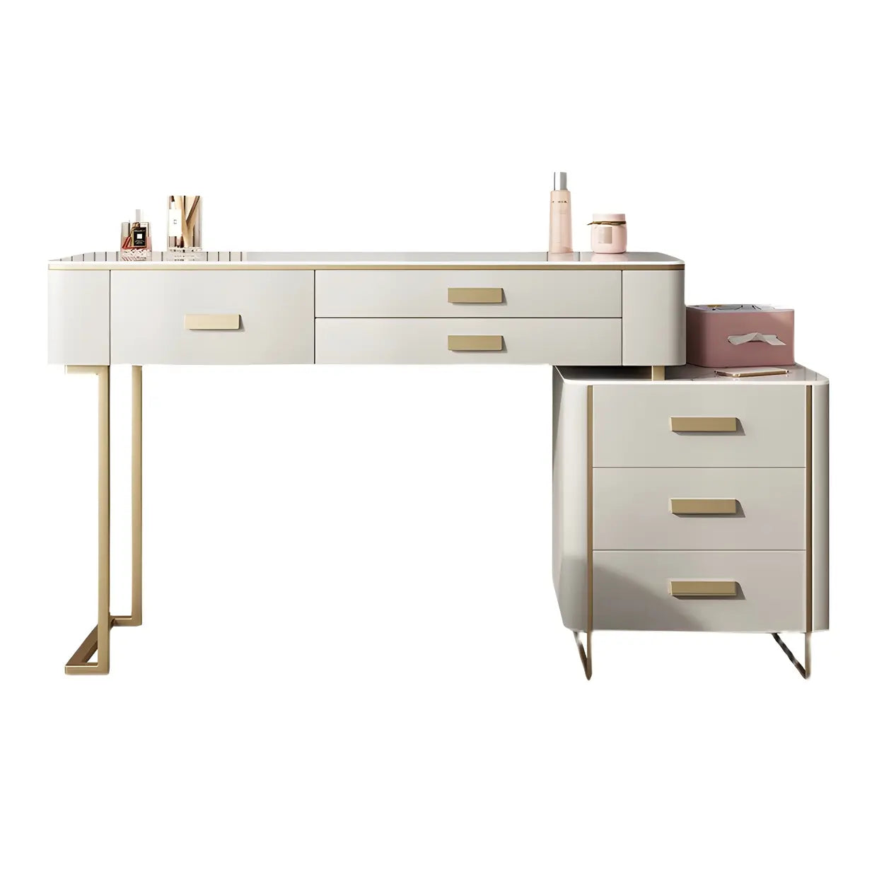 Off-White Stone-Top Wood Vanity with Drawers — Makeup Vanity & Stools