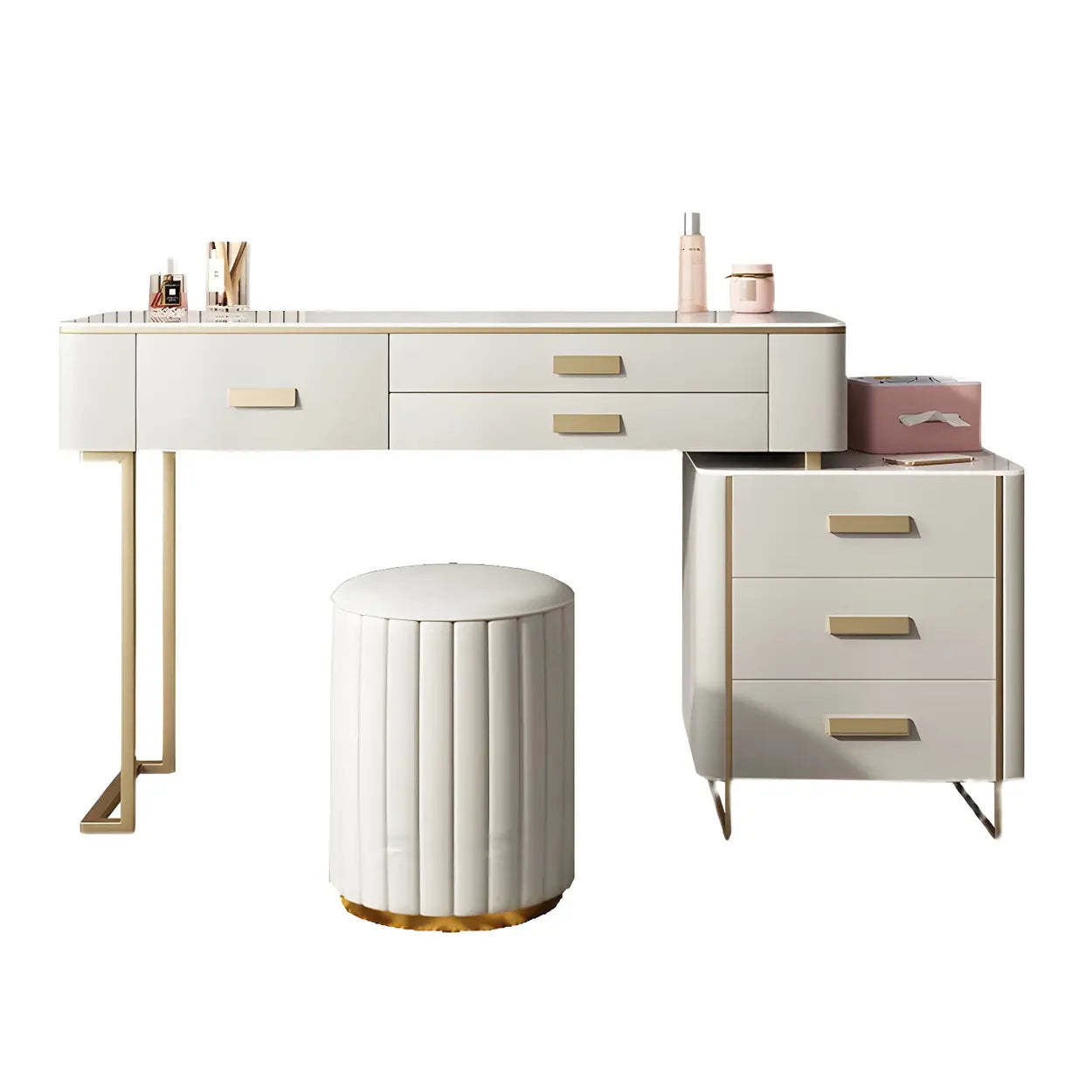 Off-White Stone-Top Wood Vanity with Drawers — Makeup Vanity & Mirror