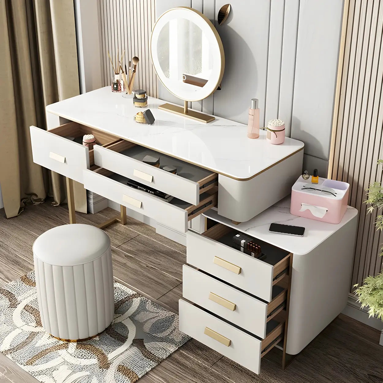 Off-White Stone-Top Wood Vanity with Drawers — Makeup Vanity & Mirror & Stools