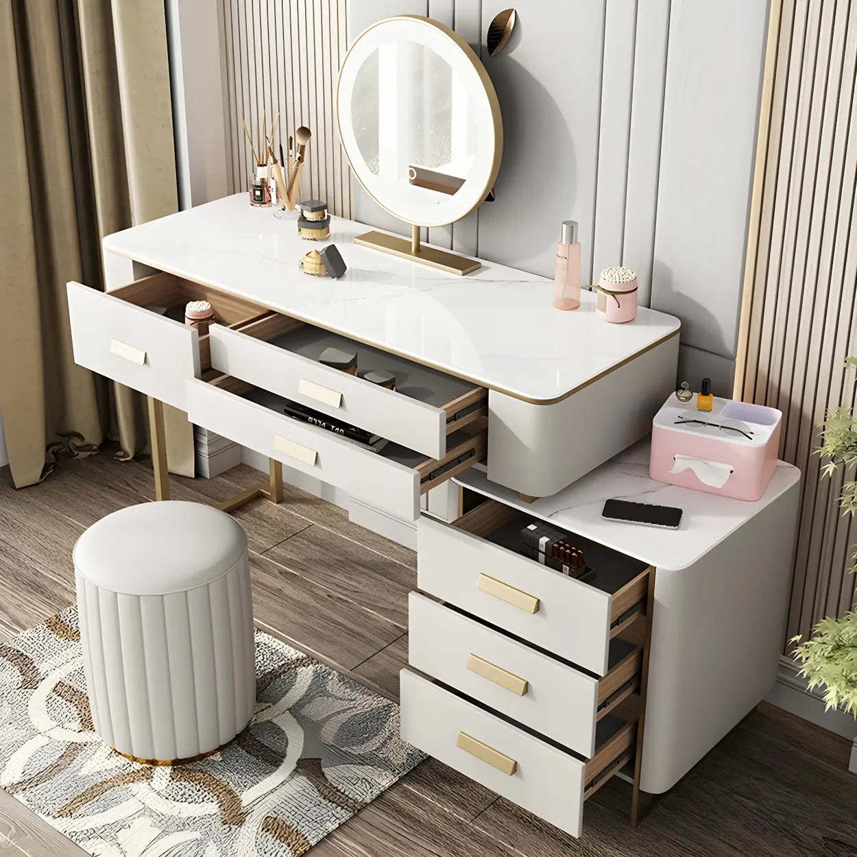 Off-White Stone-Top Wood Vanity with Drawers — Makeup Vanity & Mirror & Stools