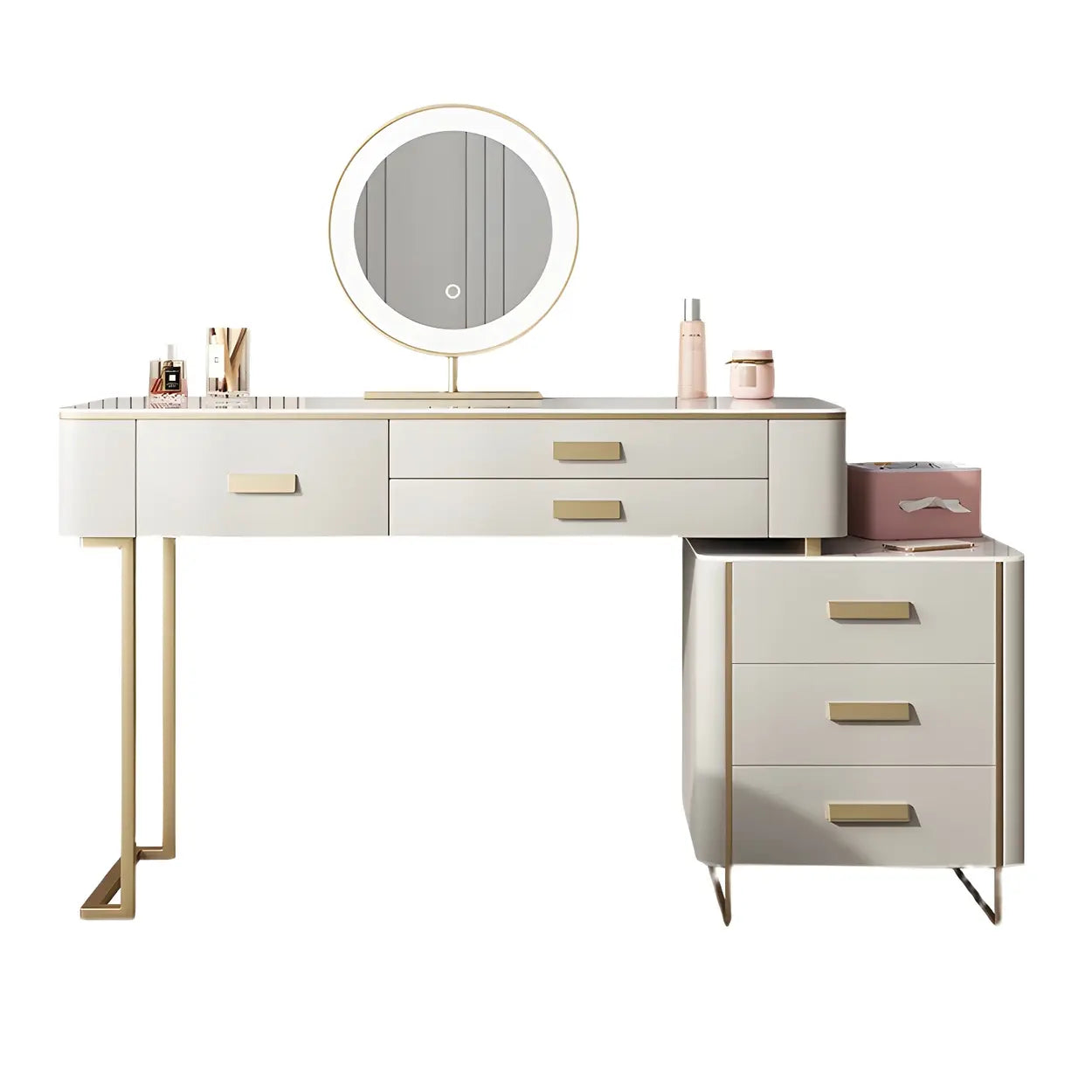 Off-White Stone-Top Wood Vanity with Drawers — Makeup Vanity