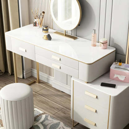 Off-White Stone-Top Wood Vanity with Drawers — Makeup Vanity & Mirror