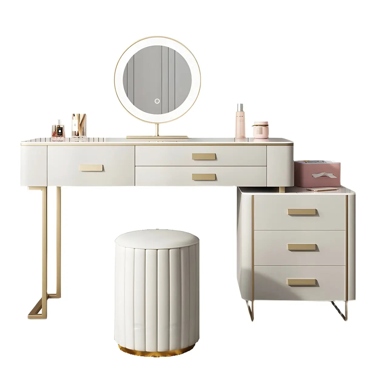 Off-White Stone-Top Wood Vanity with Drawers — Makeup Vanity & Mirror & Stools